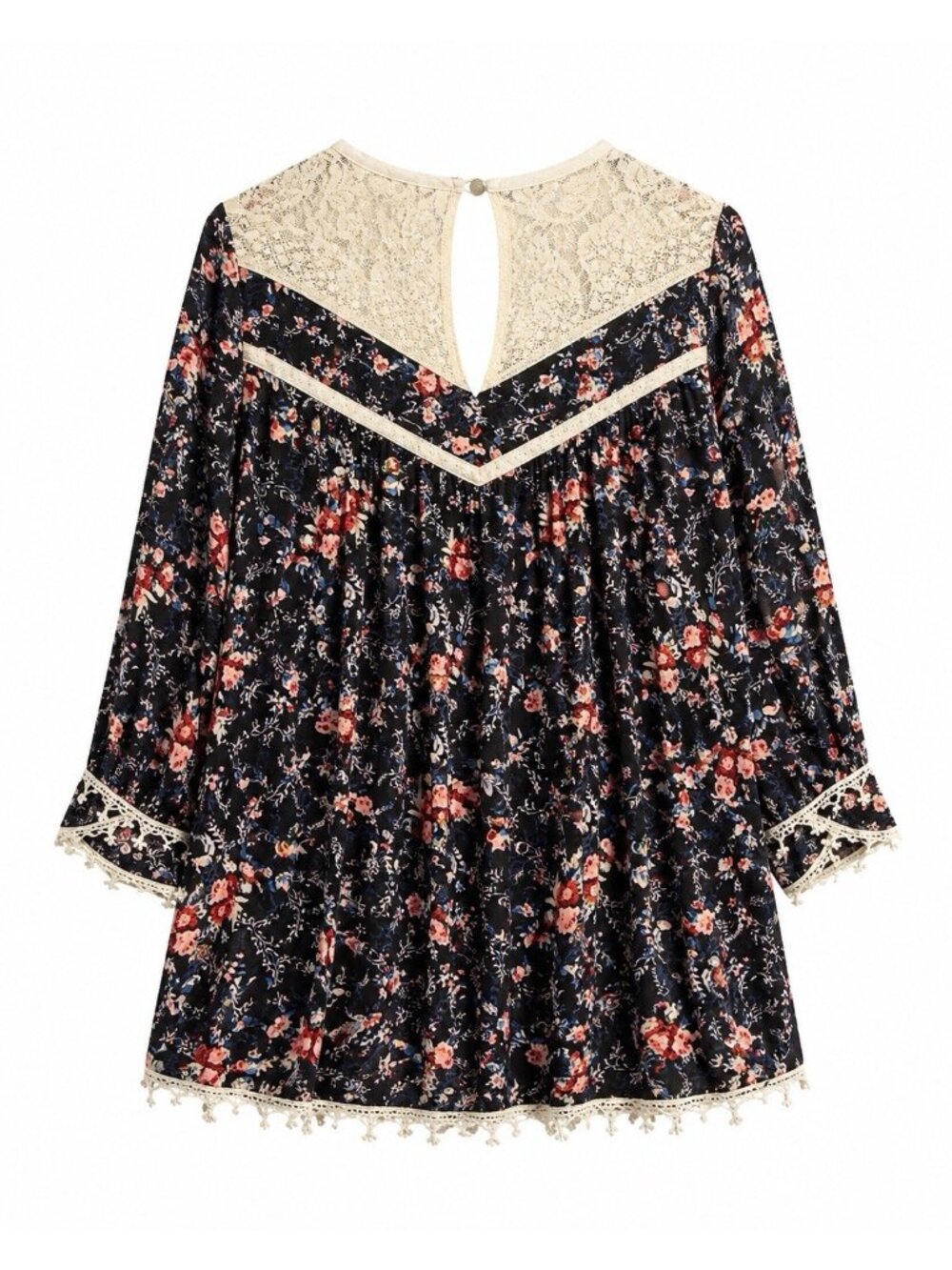 Umgee Women Boho Floral Tunic Top V-Neck Lace Tassel Long Sleeve Size Medium - Picture 2 of 6